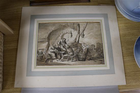 Dutch School, old master drawing, Tavern interior, indistinctly signed, 24 x 34cm, unframed